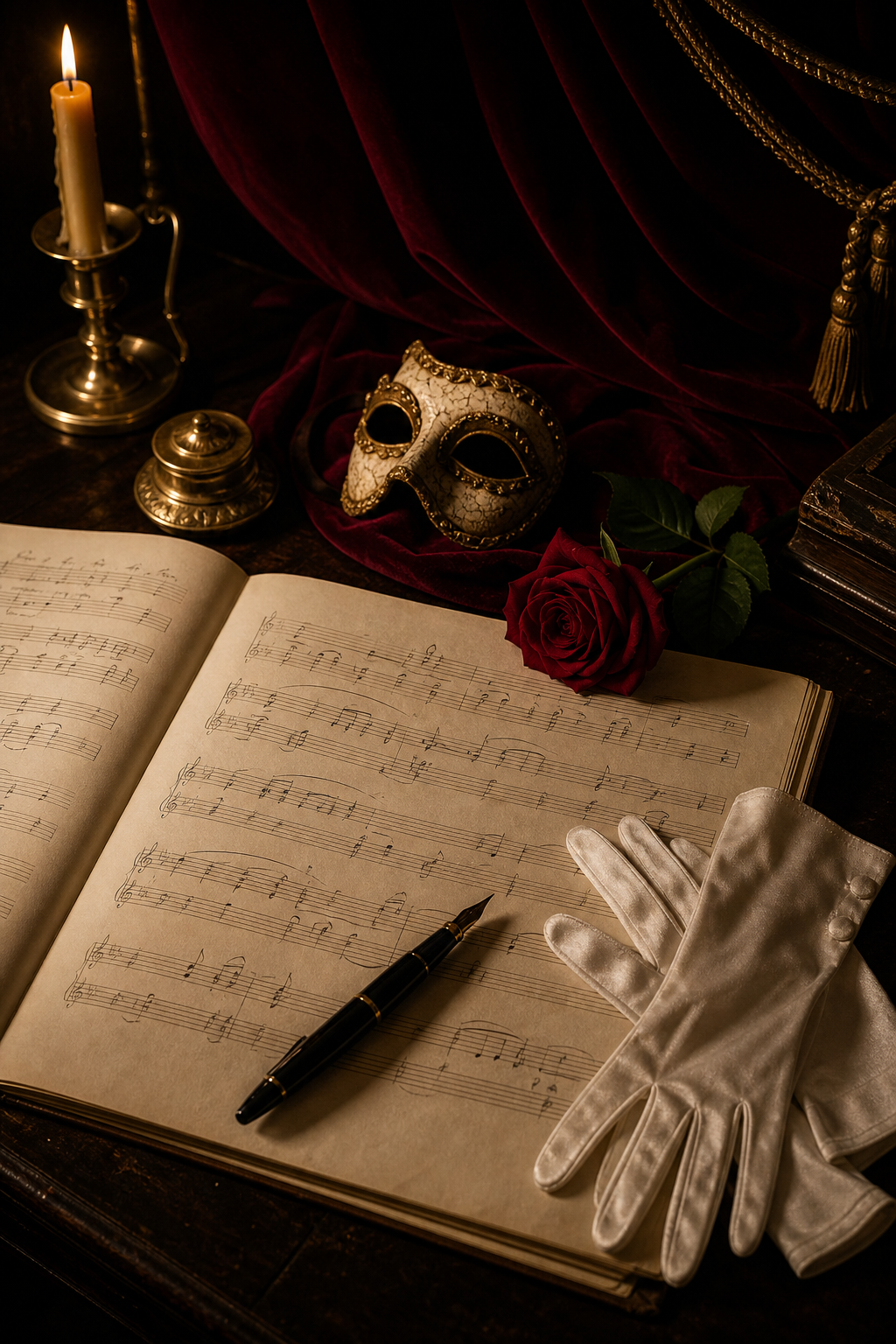 Partitura, máscara y guantes como símbolos de una ópera en proceso